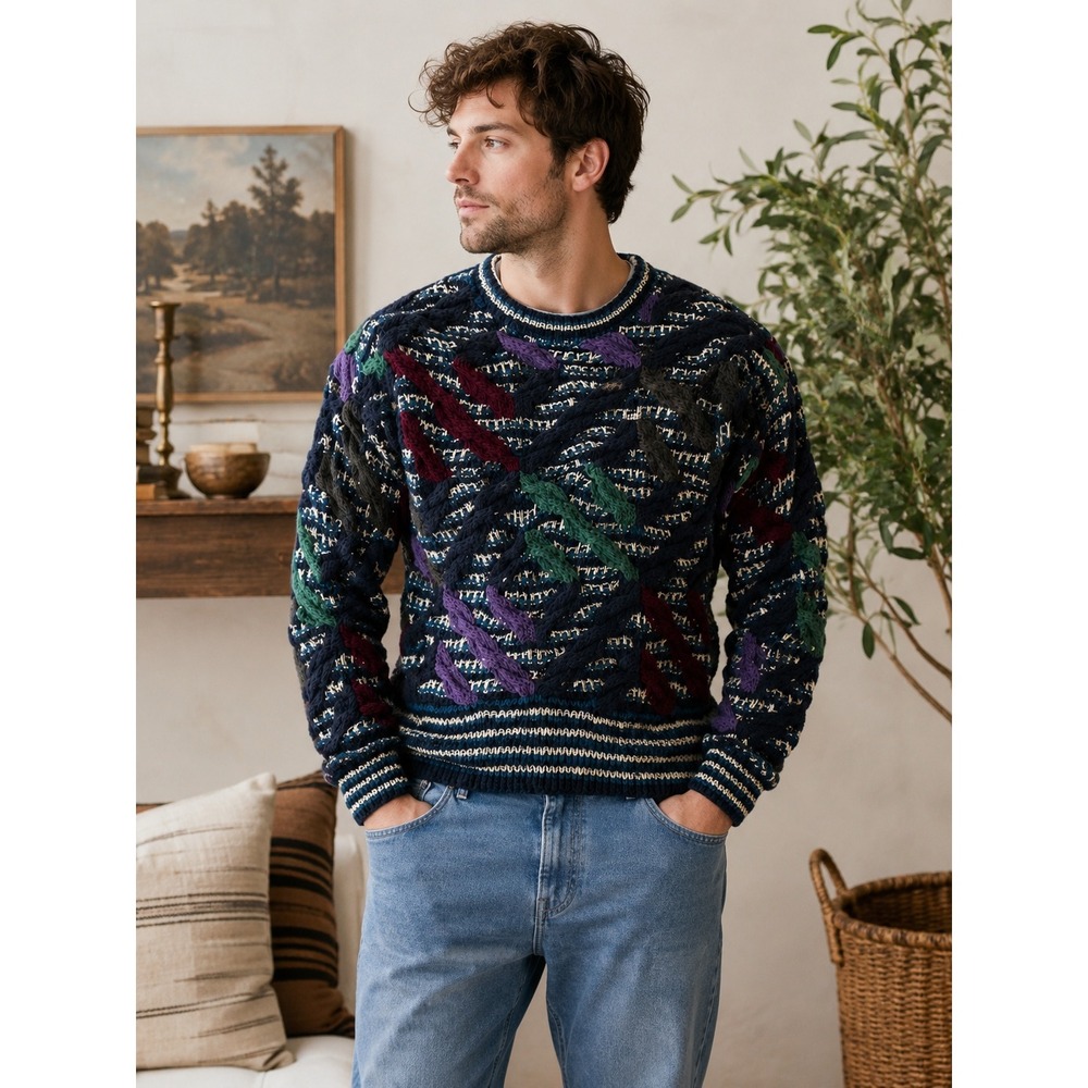 Vintage Alexander Julian Colours Hand Knit Wool Blend Cable Sweater L Chunky
